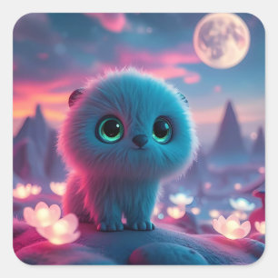 Pegatina Cuadrada Kitten Cósmico Soñador Paisaje Nocturno de Fantasí