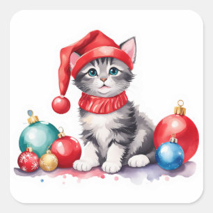 Pegatina Cuadrada Kitten de vacaciones en 🎨 jugando con los adornos