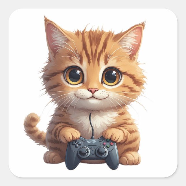 Pegatina Cuadrada Kitten Holding Game Controller Gamer Cat (Anverso)