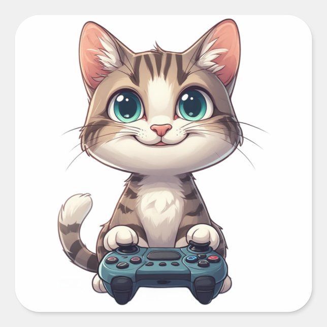 Pegatina Cuadrada Kitten Holding Game Controller Smiling Gamer Cat (Anverso)