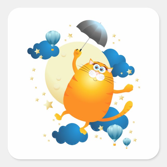 Pegatina Cuadrada Kitten lindo volando con paraguas (Anverso)