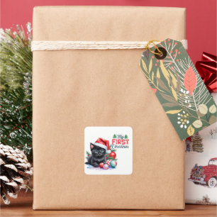 Pegatina Cuadrada Kitten negro en Santa Hat Feliz Navidad