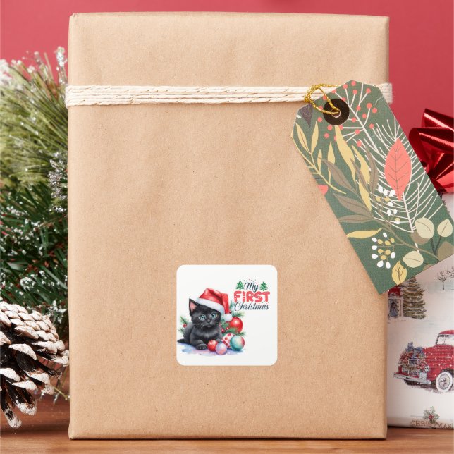 Pegatina Cuadrada Kitten negro en Santa Hat Feliz Navidad (Vacaciones)