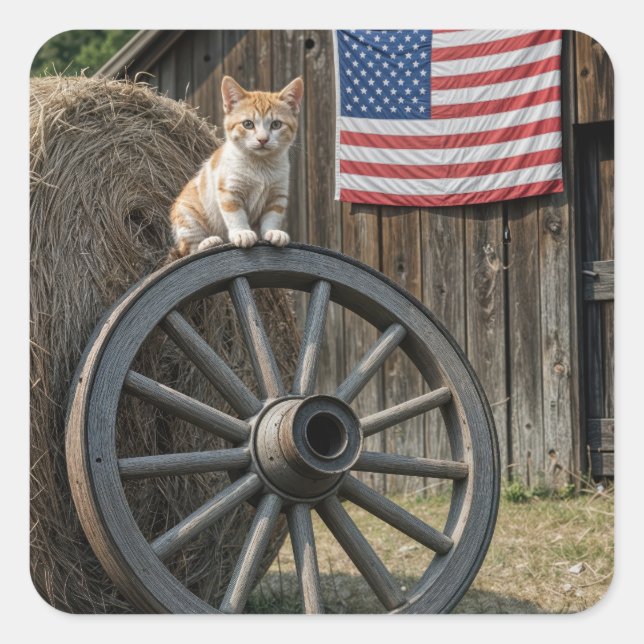 Pegatina Cuadrada Kitten On an Old Wagon Wheel  (Anverso)
