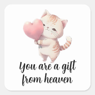 Pegatina Cuadrada Kitten San Valentín Corazón Rosa Gato Amor Acuarel