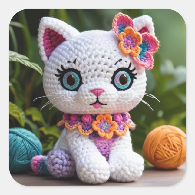 Pegatina Cuadrada Kitty Amigurumi Crochet Doll Amazing Pastel Colour (Anverso)