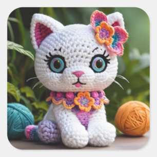 Pegatina Cuadrada Kitty Amigurumi Crochet Doll Amazing Pastel Colour