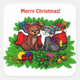 Pegatina Cuadrada Kitty and Puppy , Happy XMas