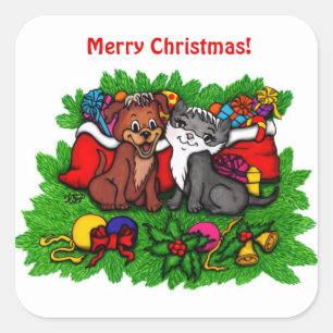 Pegatina Cuadrada Kitty and Puppy , Happy XMas