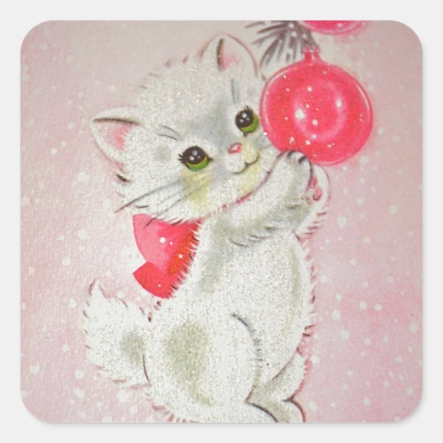 Pegatina Cuadrada Kitty blanco de Navidad vintage (Anverso)