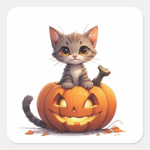 Pegatina Cuadrada Kitty de Halloween asomándose desde la decoración 