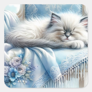 Pegatina Cuadrada Kitty Durmiente Azul Encanto Rústico Soñado