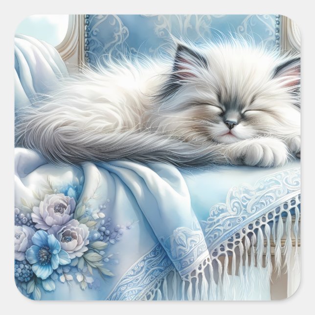 Pegatina Cuadrada Kitty Durmiente Azul Encanto Rústico Soñado (Anverso)