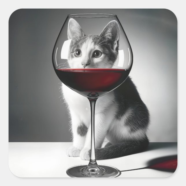 Pegatina Cuadrada Kitty Peeking Through a Wine Glass (Anverso)