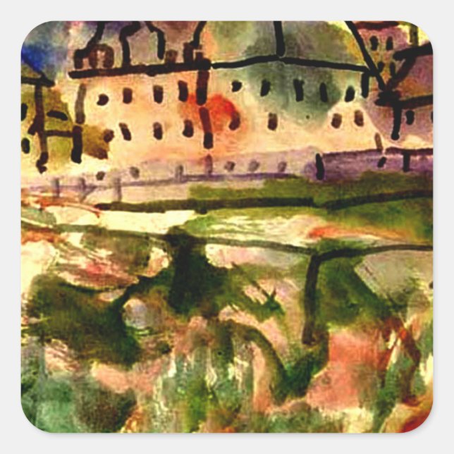 Pegatina Cuadrada Klee - Casas cerca del pozo de grava (Anverso)