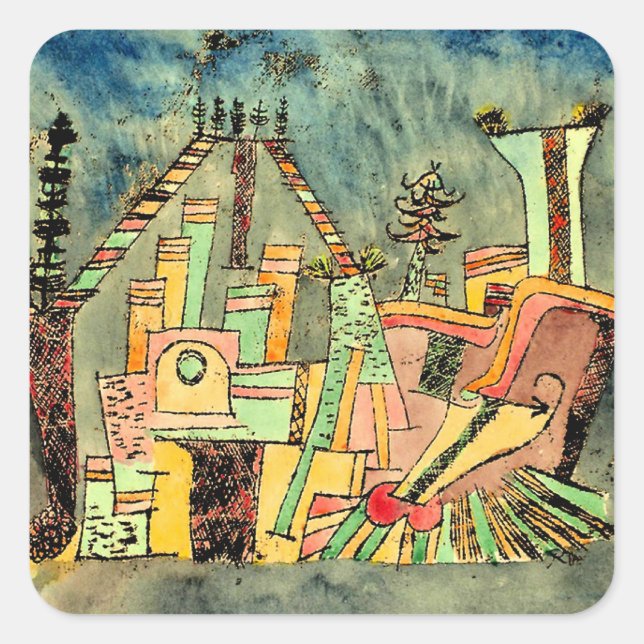 Pegatina Cuadrada Klee - Jardín sobre escombros (Anverso)