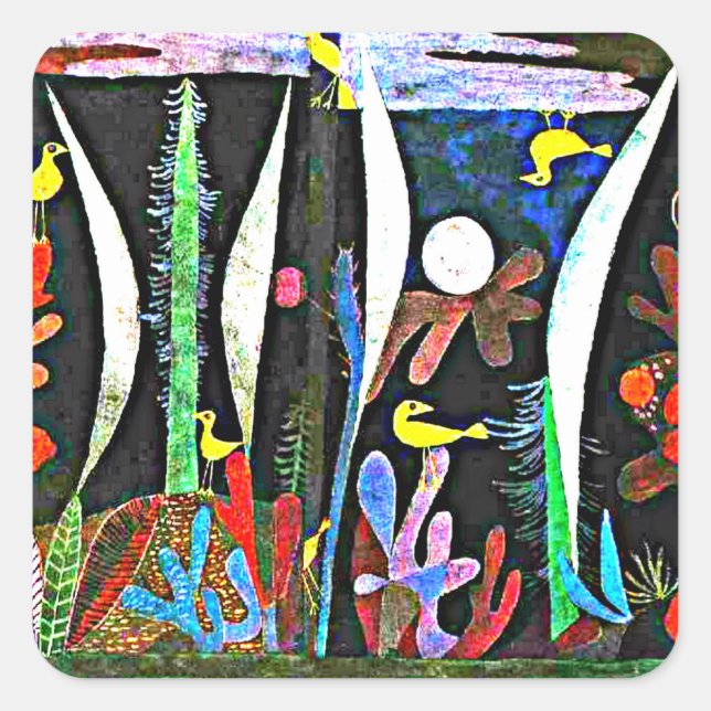Pegatina Cuadrada Klee - Paisaje con aves amarillas (Anverso)