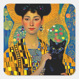 Pegatina Cuadrada Klimptesca Mujer y gato negro