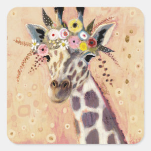 Pegatina Cuadrada Klimt Giraffe   Adornadas En Flores