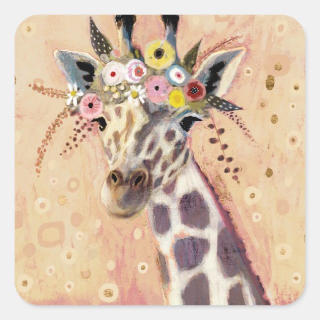 Pegatina Cuadrada Klimt Giraffe | Adornadas En Flores (Anverso)
