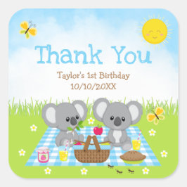 Pegatina Cuadrada Koala Bears Picnic Birthday Blue Gingham Gracias
