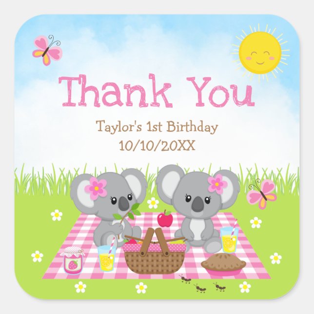 Pegatina Cuadrada Koala Bears Picnic Birthday Pink Gingham Gracias (Anverso)