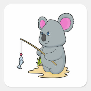 Pegatina Cuadrada Koala como pescador con caña y pescado