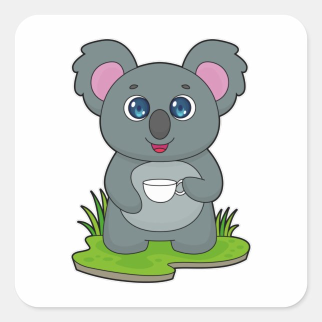 Pegatina Cuadrada Koala con café (Anverso)