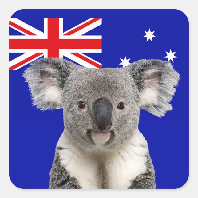 Pegatina Cuadrada Koala con fondo de bandera australiana (Anverso)