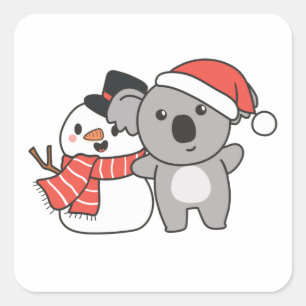 Pegatina Cuadrada Koala Con Snowman En Invierno Para Navidades