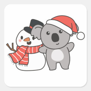 Pegatina Cuadrada Koala Con Snowman En Invierno Para Navidades