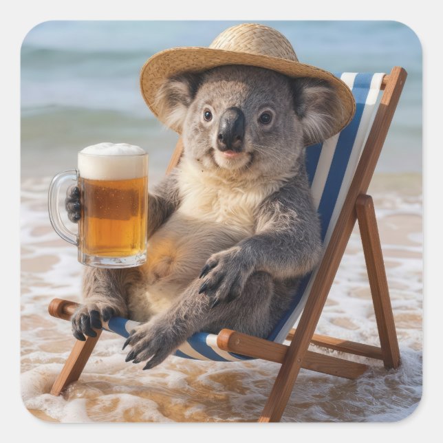 Pegatina Cuadrada Koala con una cerveza en una playa (Anverso)