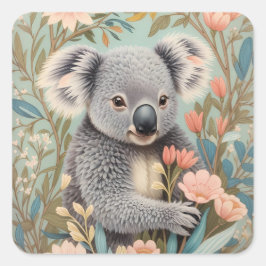 Pegatina Cuadrada Koala Elegante Floral Pastel Adorable