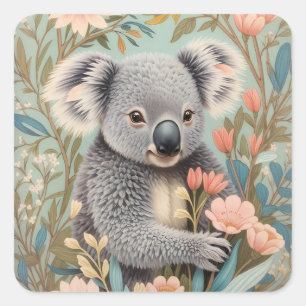 Pegatina Cuadrada Koala Elegante Floral Pastel Adorable