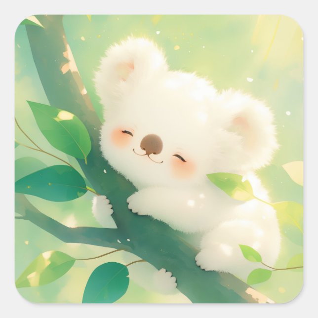 Pegatina Cuadrada Koala Feliz Abrazando una Rama (Anverso)
