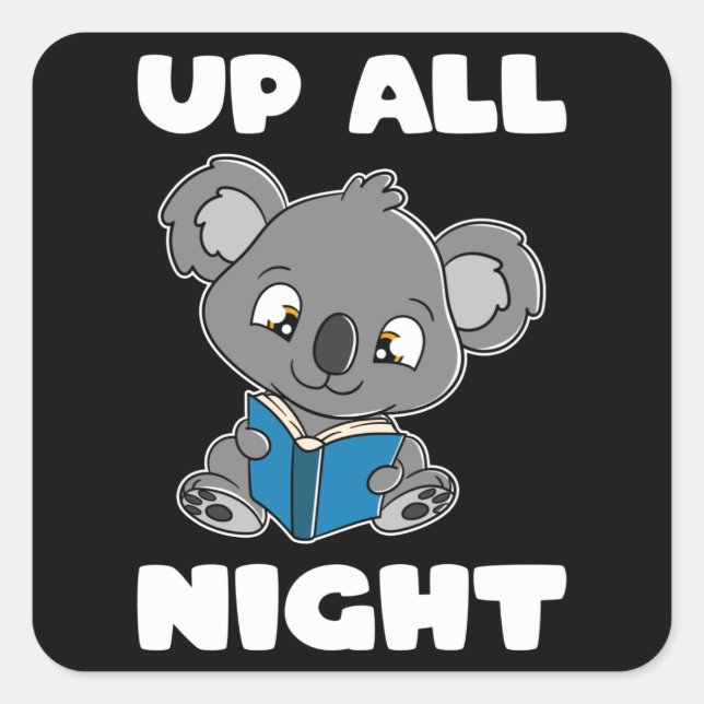 Pegatina Cuadrada Koala lleva leyendo el libro toda la noche (Anverso)