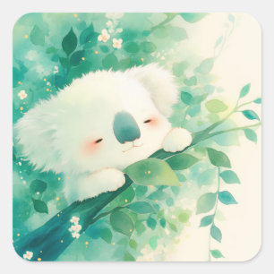Pegatina Cuadrada Koala Soñador Entre Hojas Esmeralda