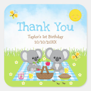Pegatina Cuadrada Koalas Cumpleaños Picnic Azul Gingham Gracias