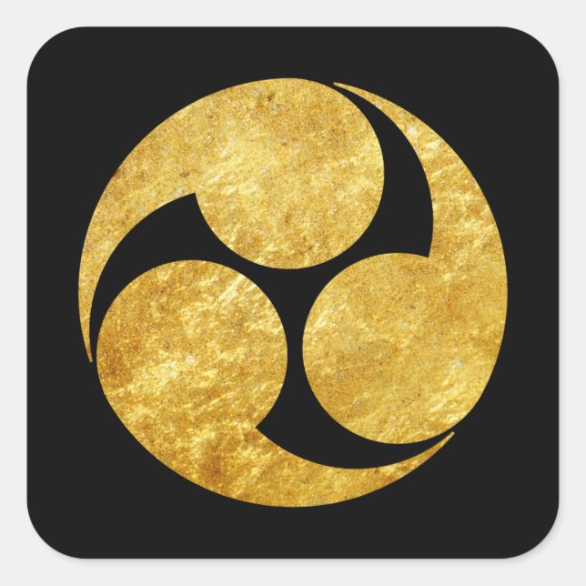 Pegatina Cuadrada Kobayakawa Mon clan japonés faux gold sobre el neg (Anverso)