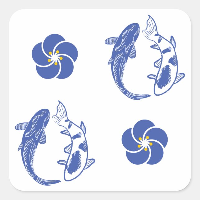 Pegatina Cuadrada Koi Blossom Crest: Serene Blue Edition (Anverso)