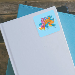 Pegatina Cuadrada Koi Fish Lotus Cherry Blossoms