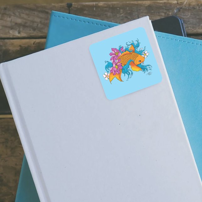 Pegatina Cuadrada Koi Fish Lotus Cherry Blossoms (Subido por el creador)