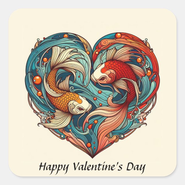 Pegatina Cuadrada Koi Fish Valentine (Anverso)