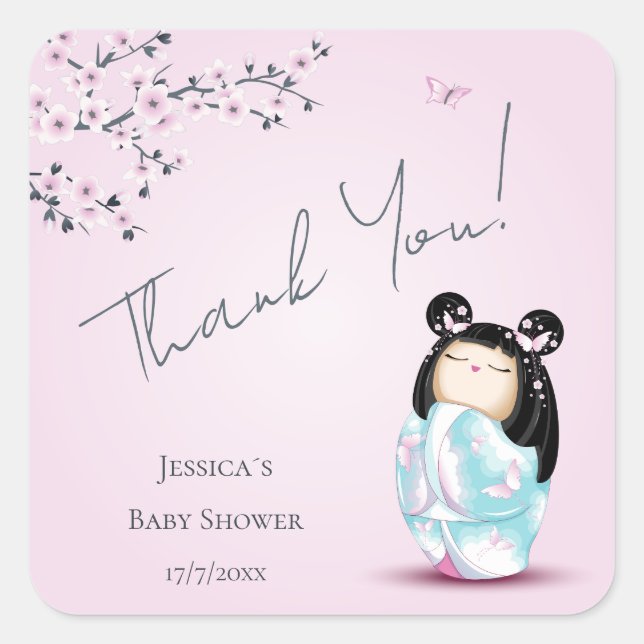 Pegatina Cuadrada Kokeshi Doll Baby Shower Gracias (Anverso)