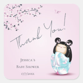 Pegatina Cuadrada Kokeshi Doll Baby Shower Gracias
