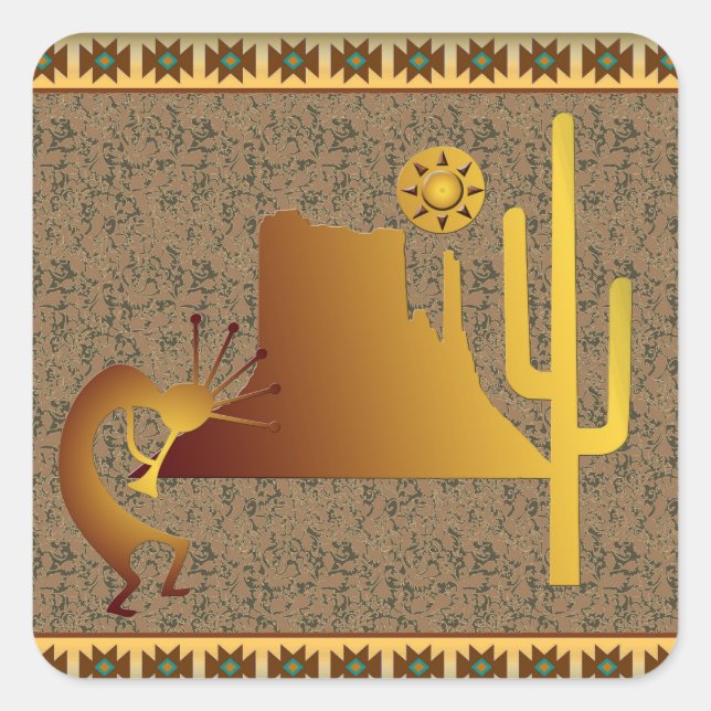 Pegatina Cuadrada Kokopelli Mesa & Cactus Set #1 (Anverso)