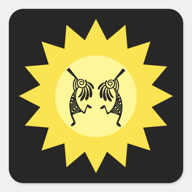 Pegatina Cuadrada Kokopelli Sun Southwestern estadounidense nativo (Anverso)