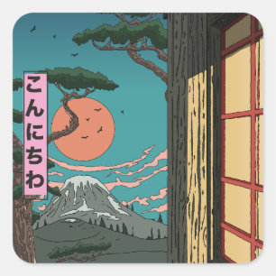 Pegatina Cuadrada Konnichiwa Atardecer Japonés