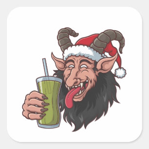 Pegatina Cuadrada Krampus Bebiendo Matcha Verde Navidad Espeluznante