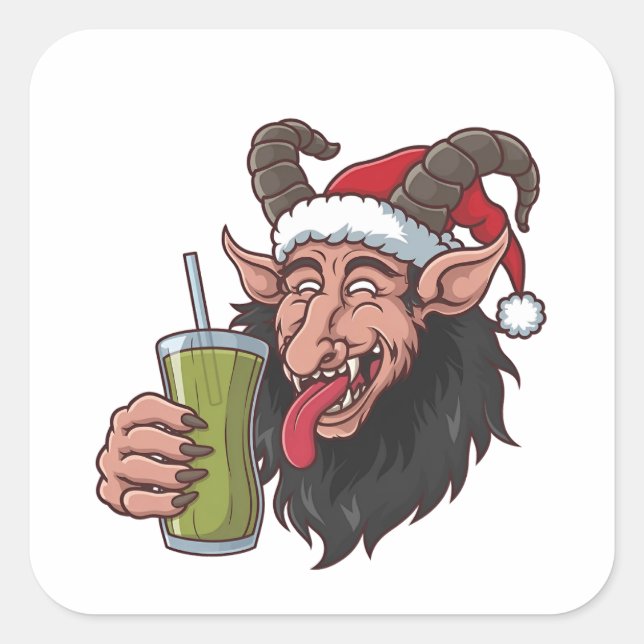 Pegatina Cuadrada Krampus bebiendo Navidades de Matcha Verde (Anverso)